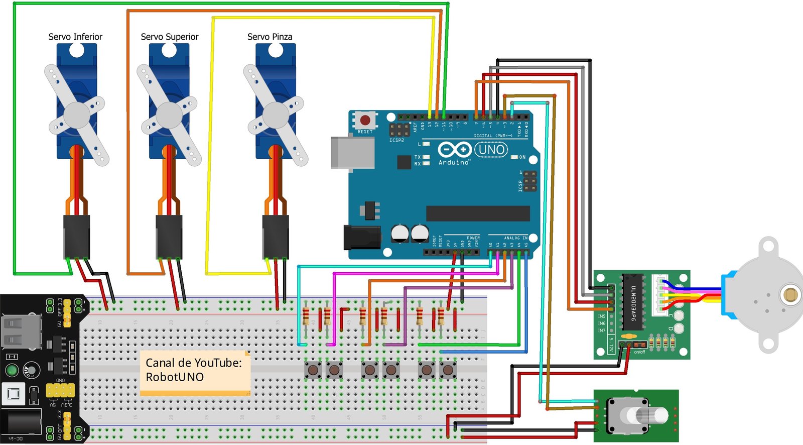 Proyecto Brazo robótico controlado por botones 14 esquema-de-conexiones-brazo-robotico-controlado-por-botones