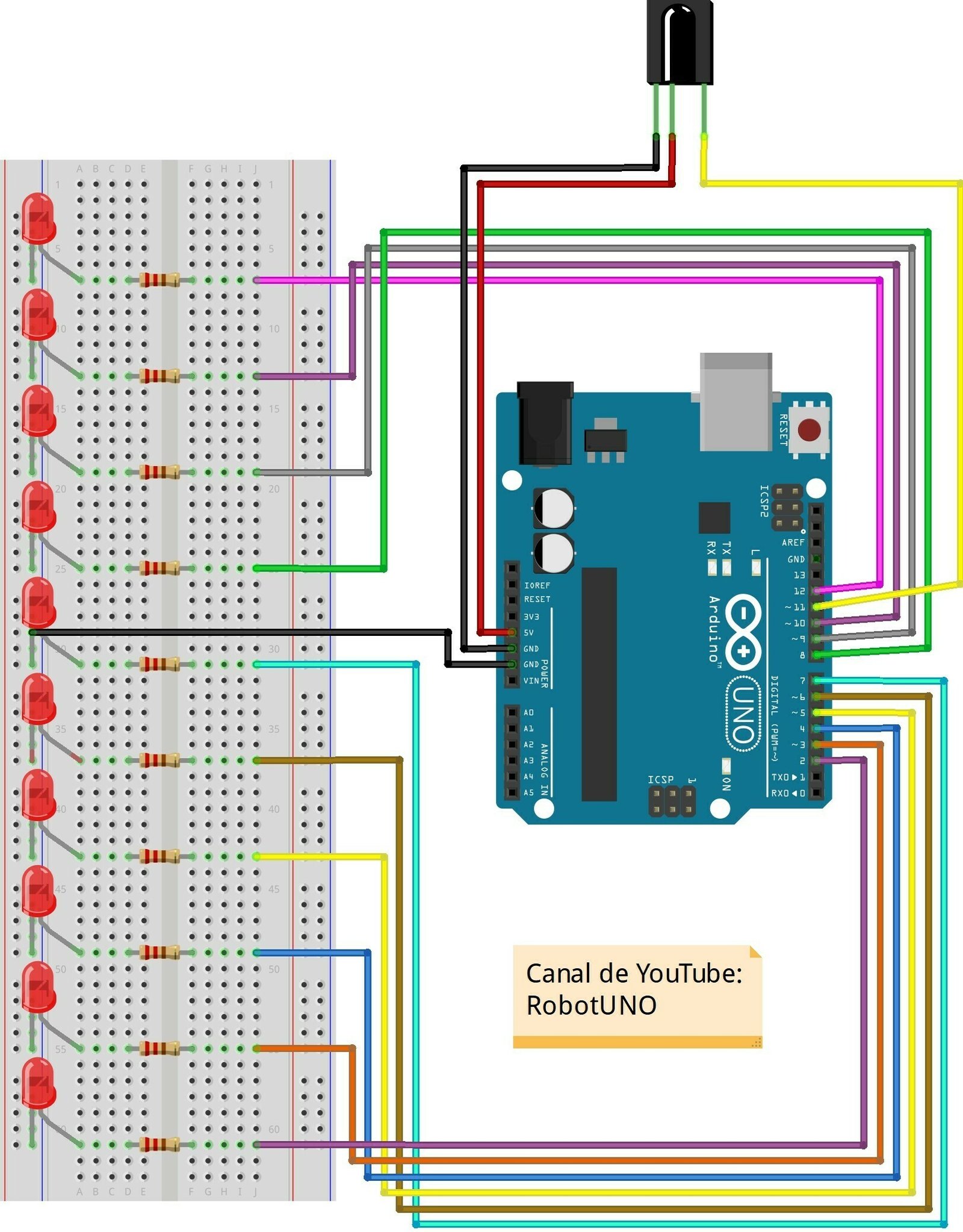 Proyecto "LEDs con mando a distancia con Arduino" 7 esquema de conexiones leds con mando a distancia